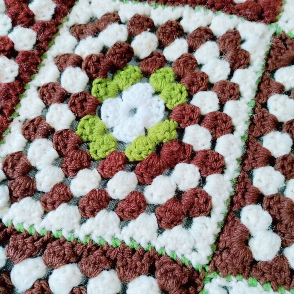 Handmade Granny Square Floral Crochet Afghan Blanket Brown Green Rectangle Throw